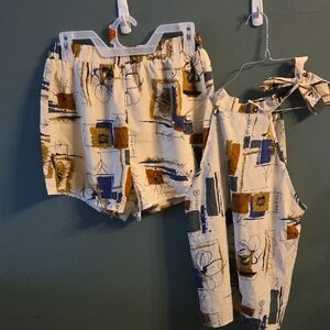 SHEIN Cream and Blue High Waist Shorts with Abstract Print